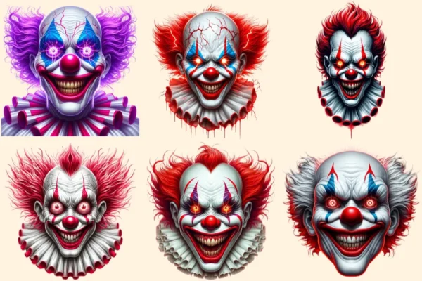 Psycho Clowns PNG Clipart Collection - 31 PNG, Spooky clown illustrations, Haunted circus graphics, Commercial use, Digital download