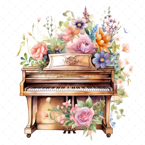 20 High-Quality Floral Piano Clipart - Floral piano digital watercolor JPG instant download for commercial use - Digital download