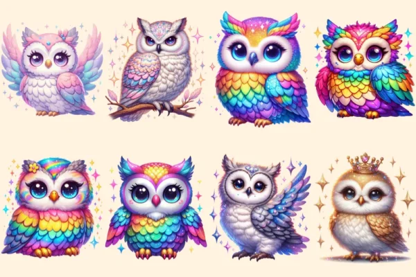 Owls (P-2) PNG Clipart Collection - 40 PNG, Charming owl illustrations, Forest creature printables, Commercial use, Digital download