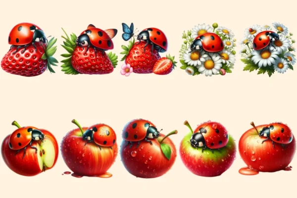 Ladybugs (P-2) PNG Clipart Collection - 54 PNG, Charming little bug illustrations, Lovable red insect art, Commercial use, Digital download