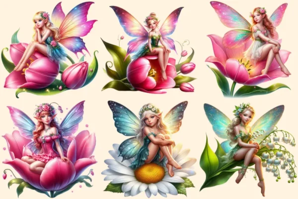 Floral Fairies (P-2) PNG Clipart Collection - 30 PNG, Magical fairy graphics, Floral themed printables, Commercial use, Digital download