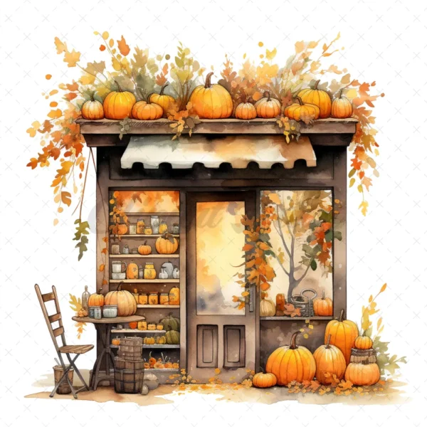 20 High-Quality Autumn Storefront Clipart - Autumn storefront digital watercolor JPG instant download for commercial use - Digital download