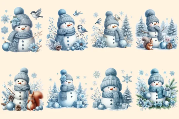 Blue Snowman PNG Clipart Collection - 38 PNG, Winter snowman graphics, Festive printable designs, Commercial use, Digital download