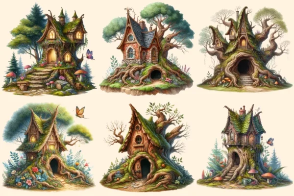 Fairy Houses PNG Clipart Collection - 32 PNG, Whimsical home illustrations, Magical printable art, Commercial use, Digital download