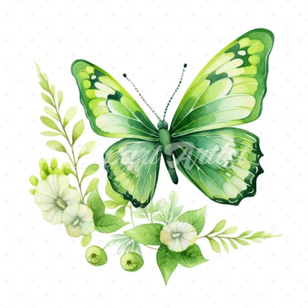 20 High-Quality Green Floral Butterfly Clipart - Butterfly digital watercolor JPG instant download for commercial use - Digital download