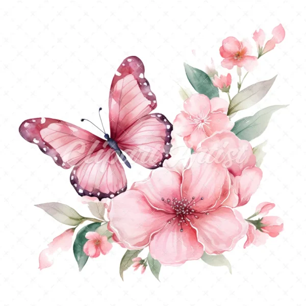 20 High-Quality Pink Floral Butterfly Clipart - Pink butterfly digital watercolor JPG instant download for commercial use - Digital download