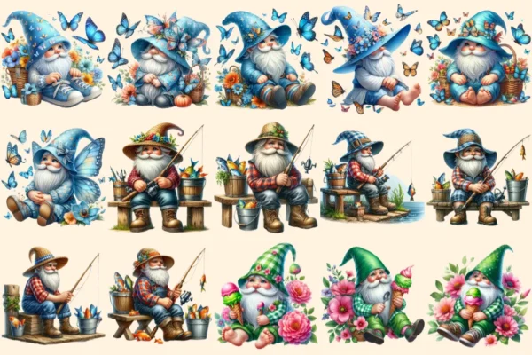 Summer Gnomes PNG Clipart Collection - 70 PNG, Bright summer gnome illustration, Cheerful printables, Commercial use, Digital download