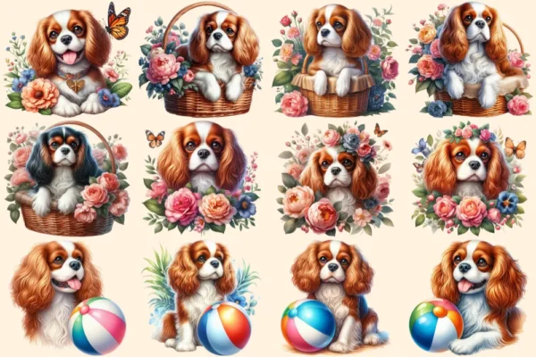 Cavalier King Charles Spaniel PNG Clipart Collection - 53 PNG, Charming dog illustrations, Spaniel art, Commercial use, Digital download