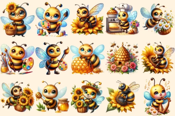 Bee PNG Clipart Collection - 72 PNG, Busy honeybee illustrations, Cute bee printables, Commercial use, Digital download