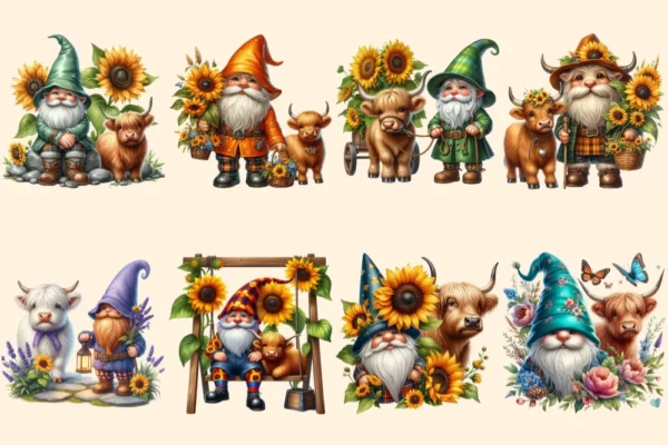 Gnomes With Cows PNG Clipart Collection - 40 PNG, Quirky gnome and cow graphics, Farmhouse prints, Commercial use, Digital download