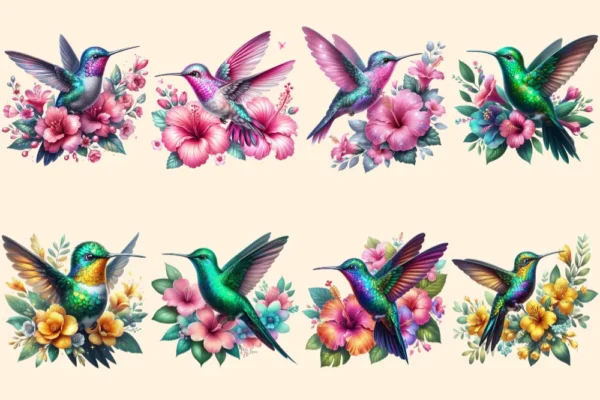 Hummingbirds PNG Clipart Collection - 38 PNG, Tropical bird illustrations, Vibrant floral printables, Commercial use, Digital download