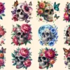 Floral Skulls PNG Clipart Collection - 50 PNG, Dark gothic illustrations, Floral skull printables, Commercial use, Digital download