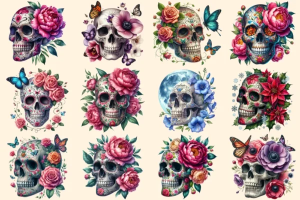 Floral Skulls PNG Clipart Collection - 50 PNG, Dark gothic illustrations, Floral skull printables, Commercial use, Digital download