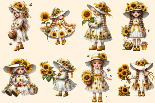 Sunflower Girl Gnomes PNG Clipart Collection - 40 PNG, Sunny gnome graphics, Sunflower printables, Commercial use, Digital download