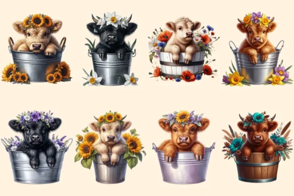 Highland Cows PNG Clipart Collection - 34 PNG, Cute cow illustrations, Charming highland cattle art, Commercial use, Digital download