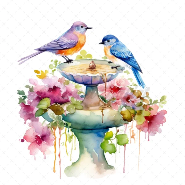 20 High-Quality Floral Birdbath Clipart - Floral birdbath digital watercolor JPG instant download for commercial use - Digital download