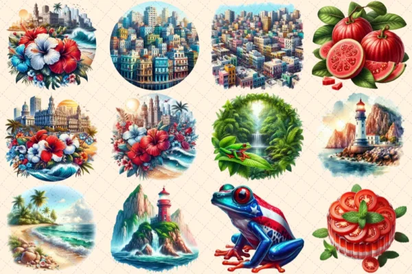 Puerto Rico (P-3) PNG Clipart Collection - 57 PNG, Tropical travel illustrations, Puerto rico island prints, Commercial use,Digital download