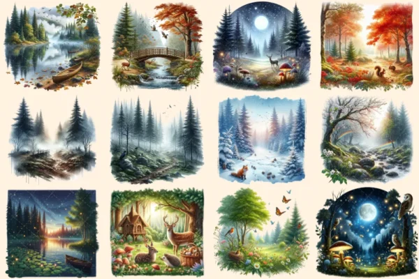 Forest Landscapes PNG Clipart Collection - 53 PNG, Peaceful woodland illustrations, Nature printable, Commercial use, Digital download