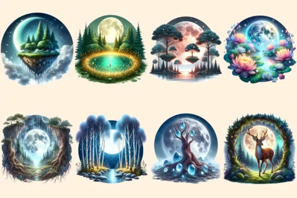 Forest Moons PNG Clipart Collection - 37 PNG, Moonlit fantasy illustrations, Forest magic printables, Commercial use, Digital download