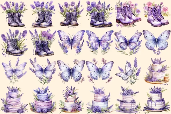 Lavenders Watercolor Clipart Bundle - 160+ transparent PNG, PNG of Tranquil summer lavender joy, Lavenders Commercial use, Digital download