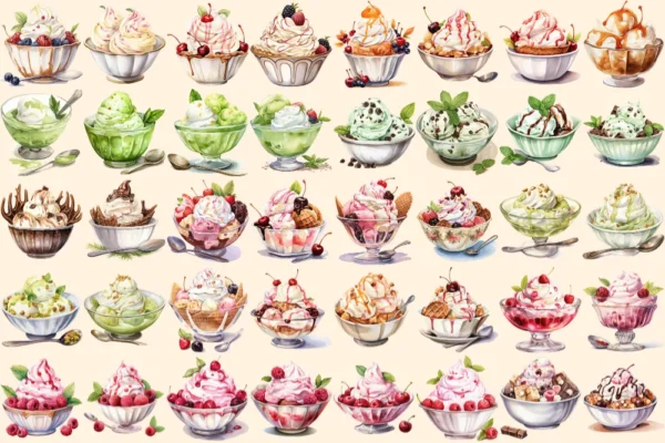 Ice Cream Watercolor Clipart Bundle - 260+ transparent PNG, Savory tasty desserts, Beach dessert, Sweets Commercial use, Digital download