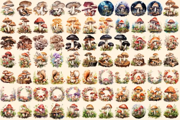 Mushrooms Watercolor Clipart Bundle - 520+ transparent PNG, Mushrooms png, Enchanted nature illustrations, Commercial use,Digital download