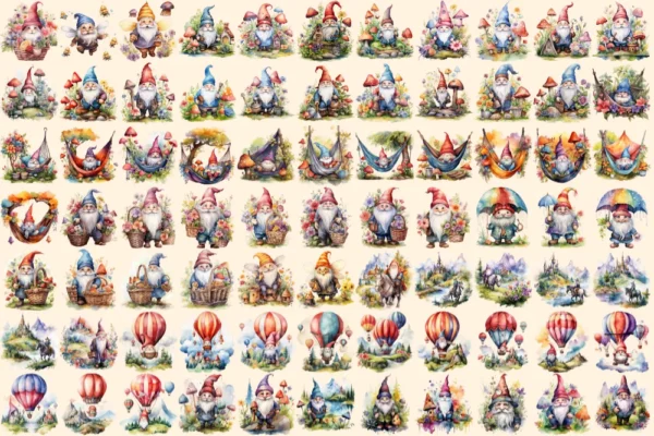 Gnomes Watercolor Clipart Bundle - 520+ transparent PNG, Enchanted gnome graphics png, Storybook gnome png, Commercial use, Digital download
