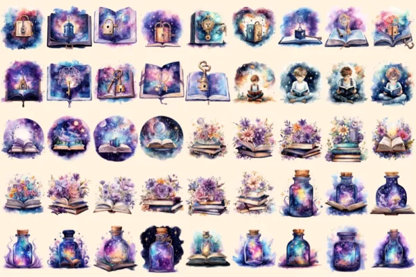 Magical Books Watercolor Clipart Bundle - 310+ transparent PNG, PNG of galaxy book, Mystical stellar images Commercial use, Digital download