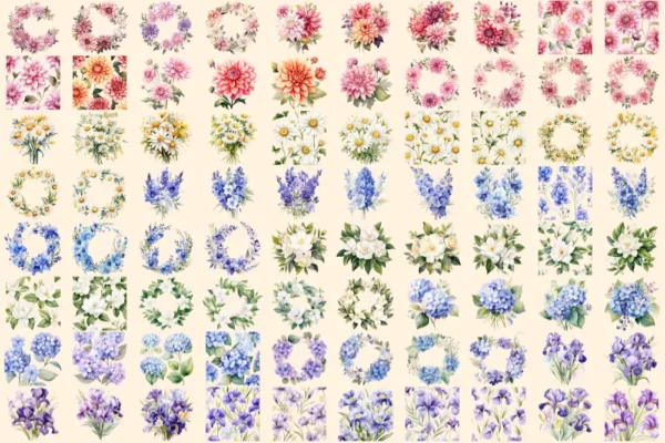 Wedding Flowers Watercolor Clipart Bundle - 545+ transparent PNG, Floral wedding elements, Bride's bouquet, Commercial use, Digital download