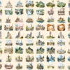 Landmarks Watercolor Clipart Bundle - 620+ transparent PNG, Popular landmark graphics, top wonders clipart, Commercial use, Digital download