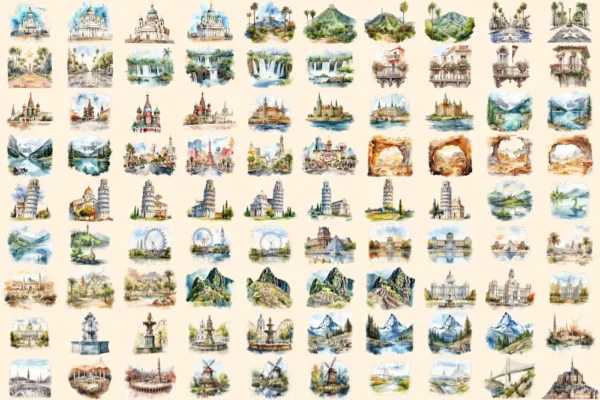 Landmarks Watercolor Clipart Bundle - 620+ transparent PNG, Popular landmark graphics, top wonders clipart, Commercial use, Digital download
