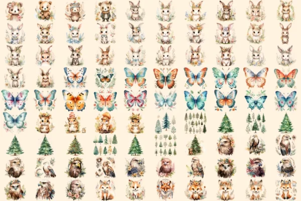Boho Woodland Animals Watercolor Clipart Bundle - 586+ transparent PNG, Forest, Fox Bear Deer Owl Raccoon, Commercial use, Digital download