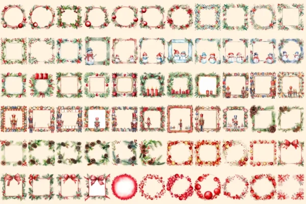 Christmas Borders Watercolor Clipart Bundle - 455+ transparent PNG, Xmas frames art, Festive border designs, Commercial use,Digital download