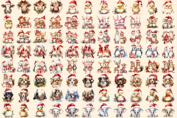Christmas Animals Watercolor Clipart Bundle - 560+ transparent PNG, Festive animal images, Santa hat wreath, Commercial use,Digital download