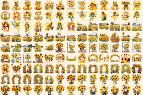 Sunflowers Watercolor Clipart Bundle - 776+ transparent PNG, Vibrant sunflower png, Radiant summer flowers, Commercial use, Digital download