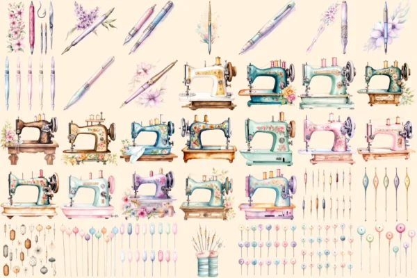 Sewing Watercolor Clipart Bundle - 240+ transparent PNG, Sewing machines illustrations, Sewing kit images, Commercial use, Digital download