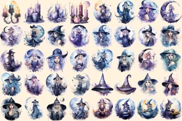 Moon Witches Watercolor Clipart Bundle - 260+ transparent PNG, Fantasy mystical images, Magical fairytale, Commercial use, Digital download