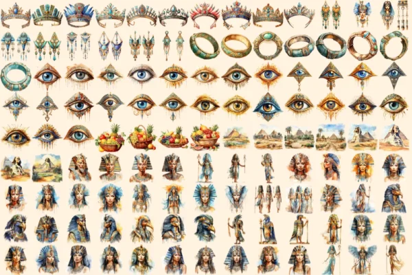 Ancient Egypt Watercolor Clipart Bundle - 770+ transparent PNG, Egyptian illustrations, Pharaohs graphics, Commercial use, Digital download
