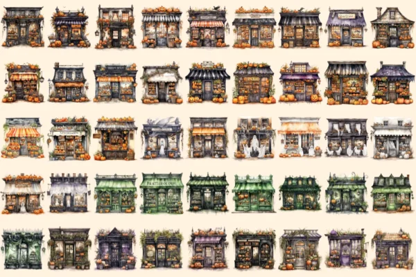 Halloween Storefronts Watercolor Clipart Bundle - 310+ transparent PNG, Haunted store graphics, Spooky png, Commercial use, Digital download
