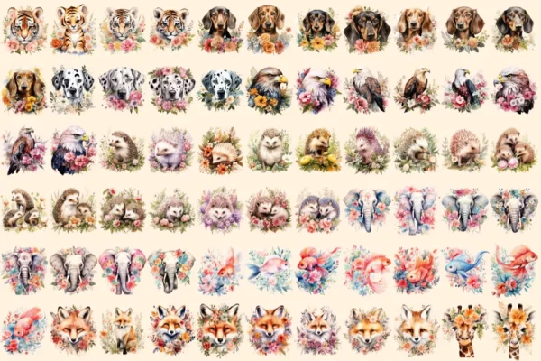 Floral Animals Watercolor Clipart Bundle - 450+ transparent PNG, Adorable animals png, Flower animal decor, Commercial use, Digital download