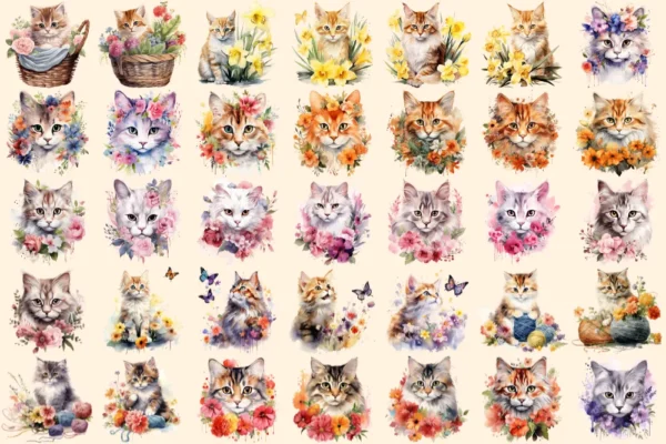Flower Cats Watercolor Clipart Bundle - 223+ transparent PNG, Charming kitten graphics, Fantasy kitten art, Commercial use, Digital download
