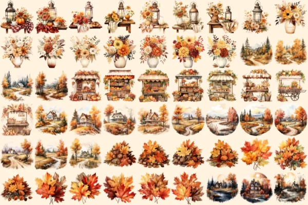 Autumn Whispers Watercolor Clipart Bundle - 360+ transparent PNG, Warm autumn graphics, Seasonal leaf png, Commercial use, Digital download