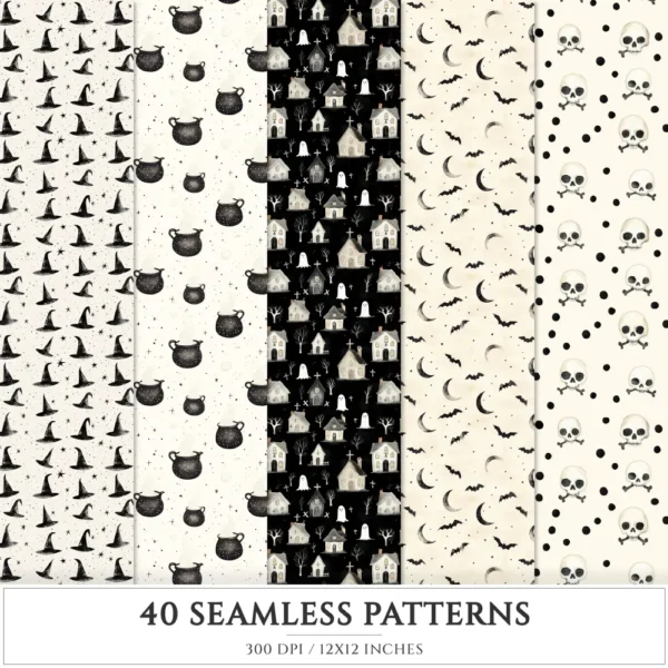 Creepy and Cozy Seamless Patterns, Autumn halloween JPEG, Skeleton pattern, Bat, Spider web, Raven repeating pattern,Digital scrapbook paper