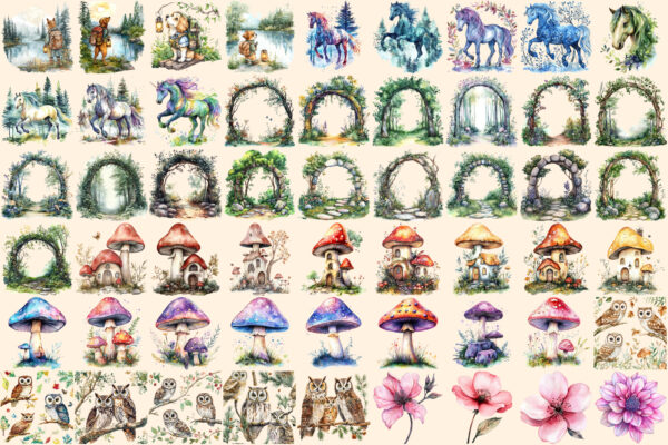 Magical Forests Watercolor Clipart Bundle - 350+ transparent PNG, Magical forest graphics, Nature images, Commercial use, Digital download