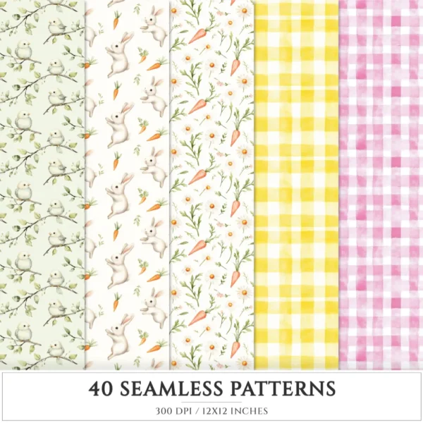 Happy Easter Seamless Patterns, Cozy floral easter JPEG, Checkered plaid pattern, Easter bunnies repeating pattern, Digital scrapbook paper