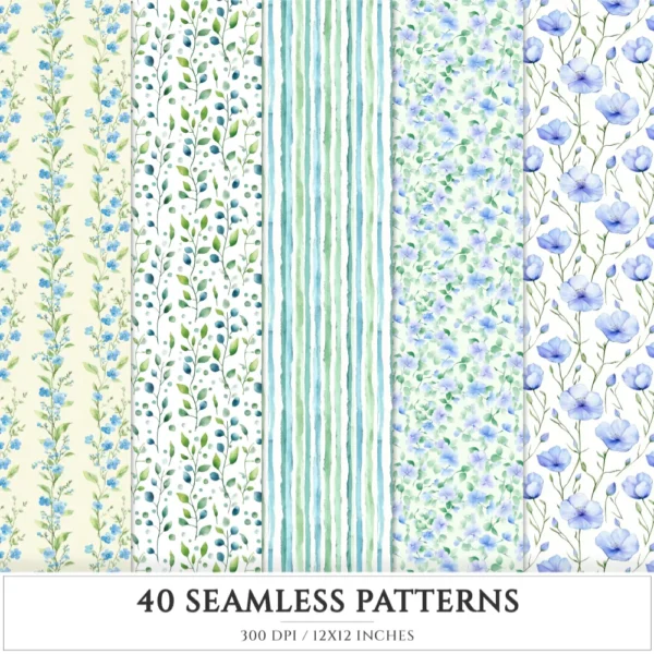 Springtime Planning Seamless Patterns, Cute spring JPEG, Spring reading pattern, Meadow flowers repeating pattern, Digital scrapbook paper