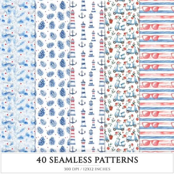 French Riviera Seamless Patterns, Summer beach JPEG, Sea pebble pattern, Shells, Seagull, Seaside repeating pattern, Digital scrapbook paper