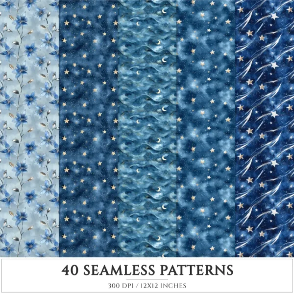 Celestial Elf Seamless Patterns, Magical nightscape JPEG, Fantasy universe pattern, Moon and stars repeating pattern,Digital scrapbook paper