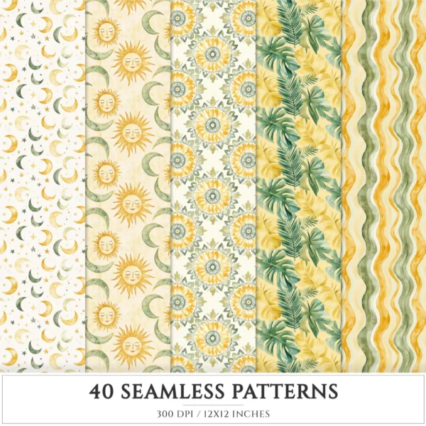 Boho Summer Seamless Patterns, Bohemian beachwear JPEG, Feathers pattern, Tropical, Wildflower repeating pattern, Digital scrapbook paper