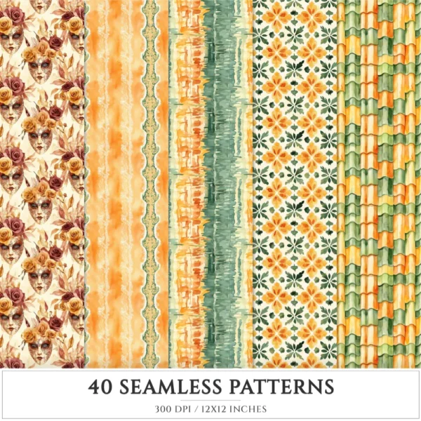 Venetian Summer Seamless Patterns, Italy travel JPEG, Vine leaves pattern, Citrus, Summer beach repeating pattern, Digital scrapbook paper